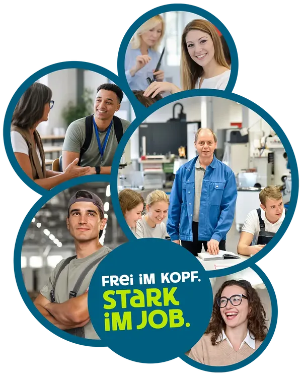 Bildcollage der Mitarbeiter, mit Spruch: Frei im Kopf. Stark im Job.